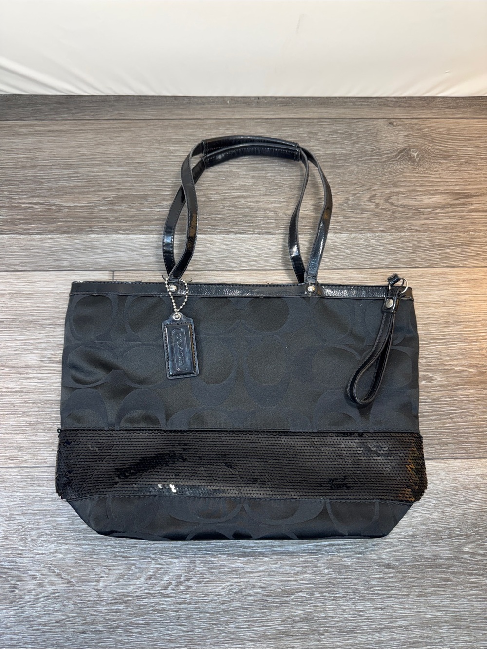 Coach Black Signature Jacquard Tote with Gloss Trim